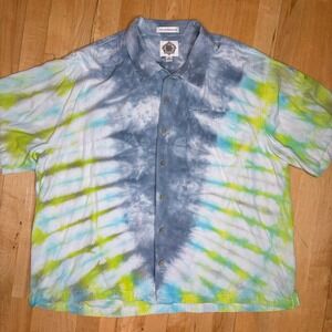 Silk Tie Dye Short Sleeve Button Up Shirt XXL Mens Streetwear Blue Green Retro